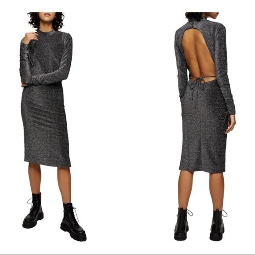 Topshop‎ Metallic Glitter Open Back Bodycon Midi Dress Party Cocktail 10 NWOT